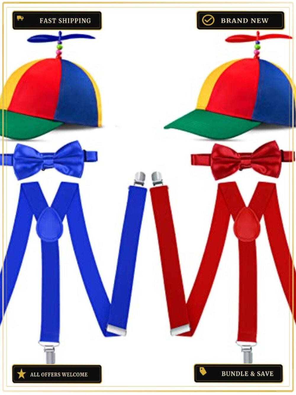 Propeller Hat Bow Tie Suspenders Set Plastic Polyester Halloween Costume